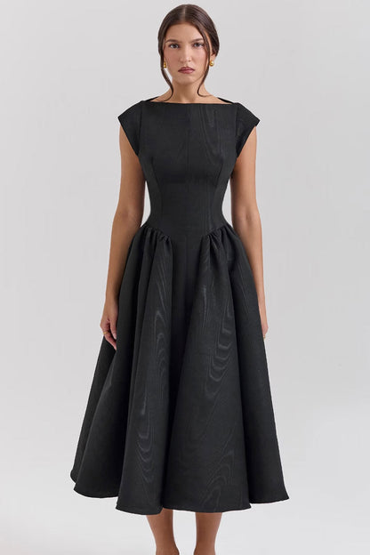 Elegant Boat Neck Cap Sleeve Cutout Back Fit & Flare Cocktail Midi Dress