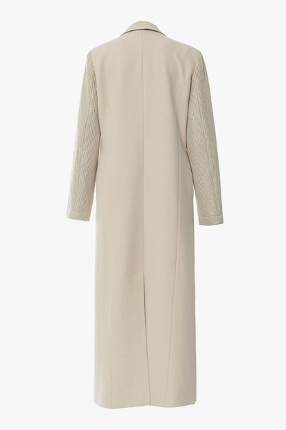 Elegant Collared Paneled Knit Shoulder Pad Double Breasted Long Blazer Coat