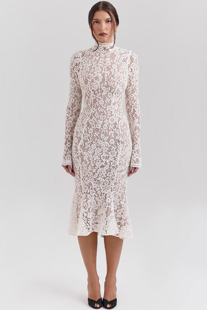Elegant High Neck Long Sleeve Lace Fishtail Cocktail Party Midi Dress