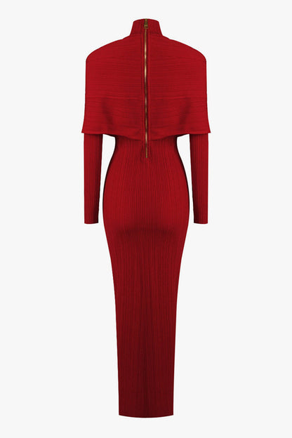 Elegant High Neck Wrapped Long Sleeve Ribbed Bandage Evening Maxi Dress