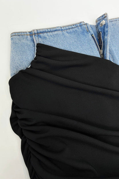 Elegant High Waist Drape Ruched Bodycon Hybrid Denim Maxi Skirt