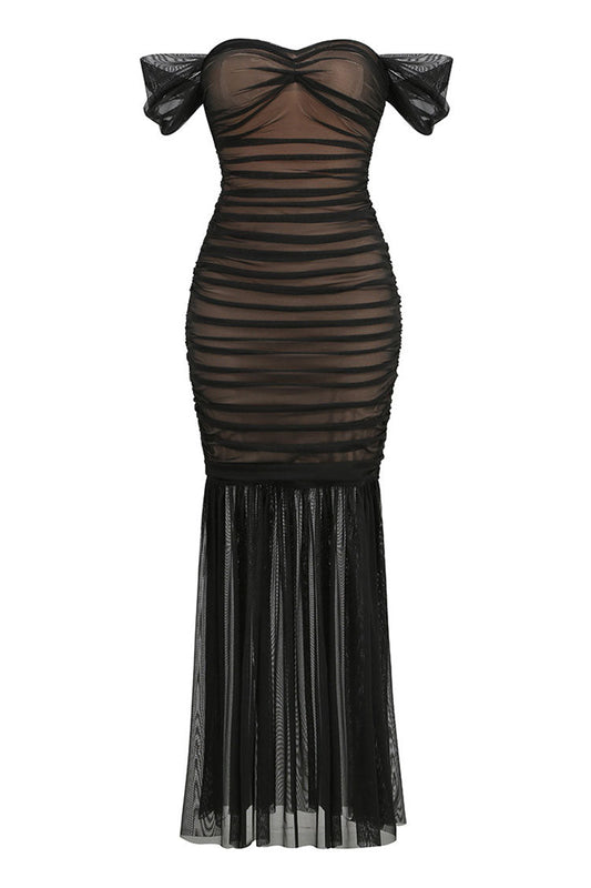 Elegant Off The Shoulder Ruched Bodycon Mesh Fishtail Formal Maxi Dress