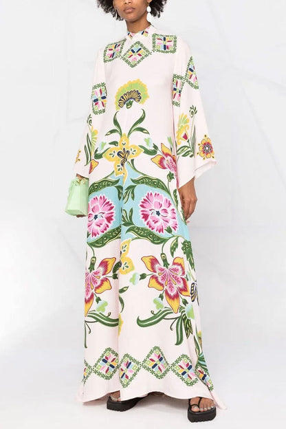 Elegant Printed Tie Neck 3/4 Sleeve Summer Vacation Maxi Kaftan Dress
