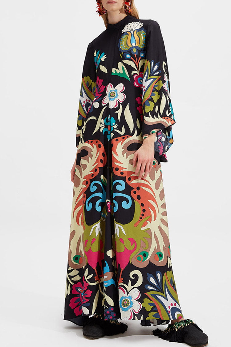 Elegant Printed Tie Neck 3/4 Sleeve Summer Vacation Maxi Kaftan Dress