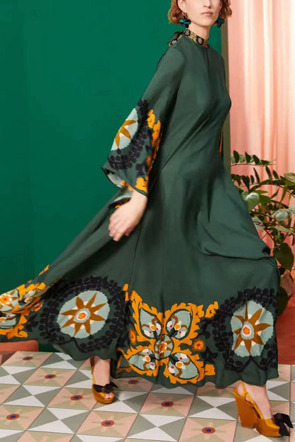 Elegant Printed Tie Neck 3/4 Sleeve Summer Vacation Maxi Kaftan Dress