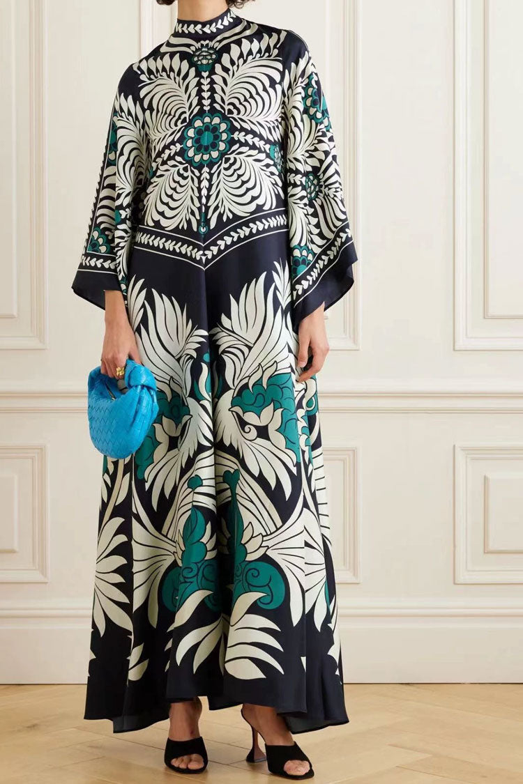 Elegant Printed Tie Neck 3/4 Sleeve Summer Vacation Maxi Kaftan Dress