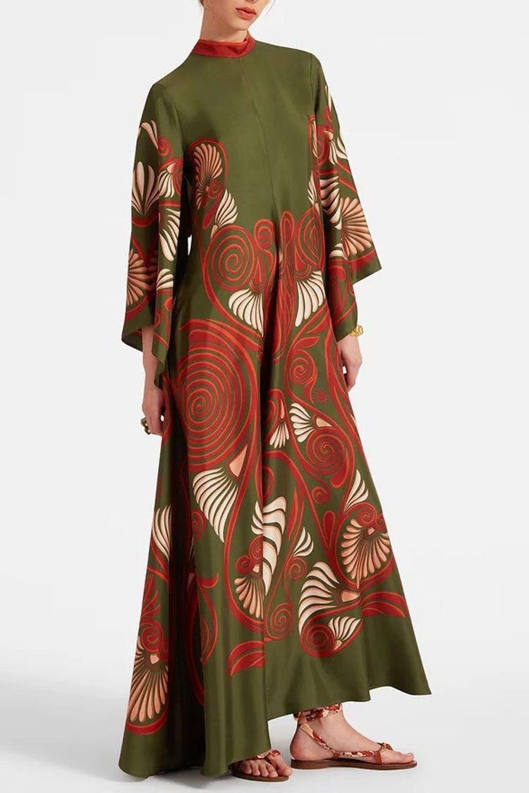 Elegant Printed Tie Neck 3/4 Sleeve Summer Vacation Maxi Kaftan Dress