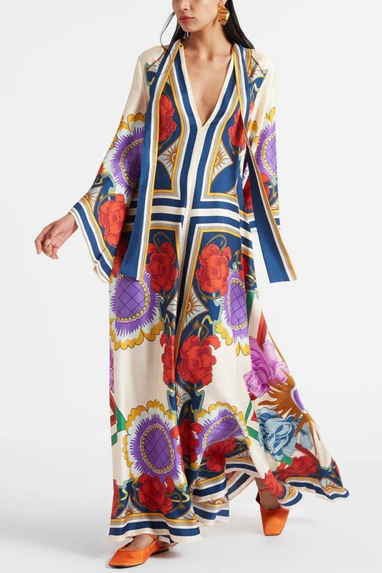 Elegant Printed Tie Neck 3/4 Sleeve Summer Vacation Maxi Kaftan Dress