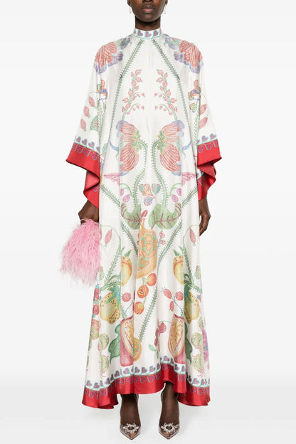 Elegant Printed Tie Neck 3/4 Sleeve Summer Vacation Maxi Kaftan Dress