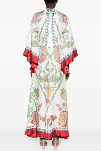 Elegant Printed Tie Neck 3/4 Sleeve Summer Vacation Maxi Kaftan Dress