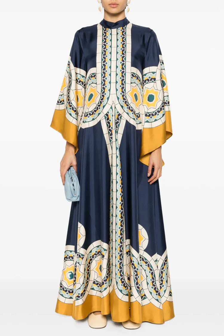 Elegant Printed Tie Neck 3/4 Sleeve Summer Vacation Maxi Kaftan Dress
