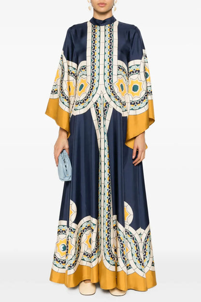 Elegant Printed Tie Neck 3/4 Sleeve Summer Vacation Maxi Kaftan Dress