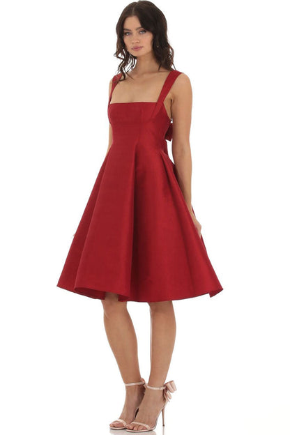 Elegant Square Neck Sleeveless Bow Tie Fit & Flare Cocktail Midi Dress
