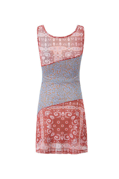 Ethnic Patchwork Cowl Neck Sleeveless Printed Mesh Bodycon Mini Sundress