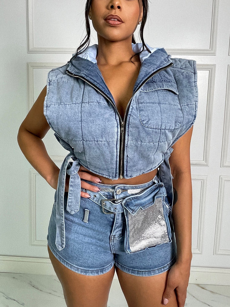 Denim Hooded Puffer Vest