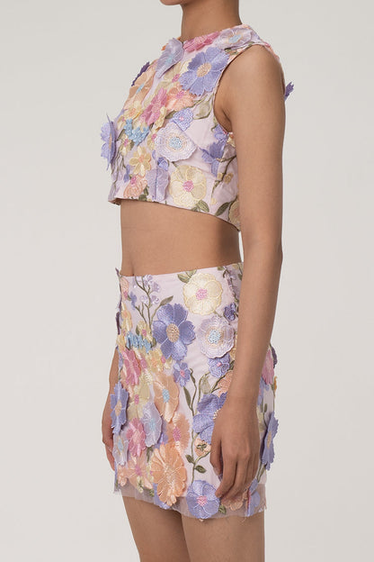 Fairytale 3D Flower Applique Crop Tank Top High Rise Two Piece Mini Dress