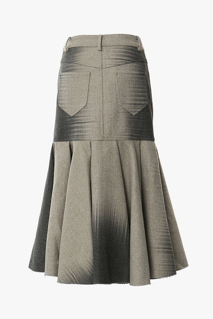 Feminine Brushstroke Print Ruched Pleated Woolen Blend Midi Mermaid Skirt
