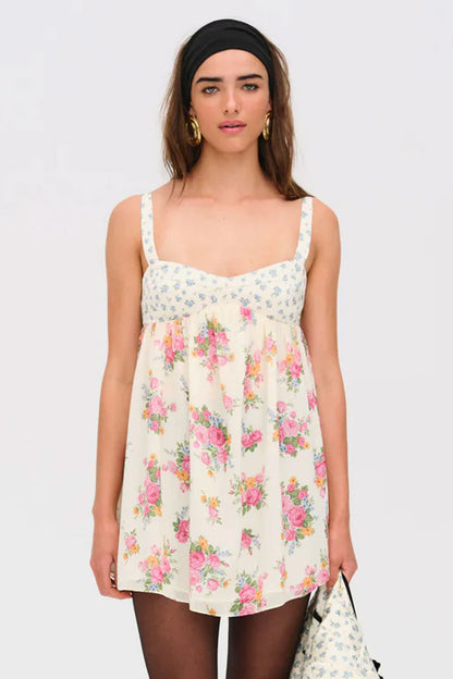 Feminine Floral Print Cut Out Empire Waist Babydoll Summer Mini Sundress