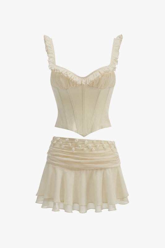 Feminine Ruffle Lace Up Corset Rosette Draped Skirt Two Piece Mini Dress