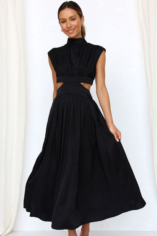 Flowy High Neck Ruched Trim Cutout Waist Summer Midi Sundress - Black