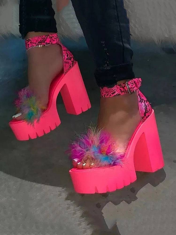 Fluffy Upper Chunky Heels Sandals