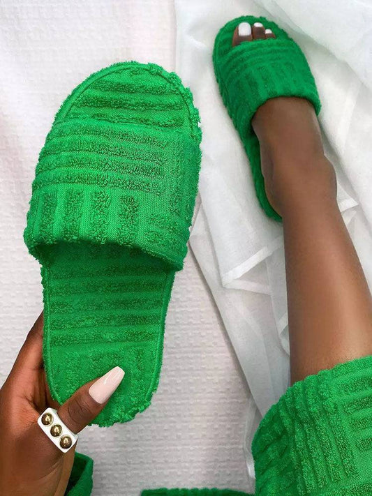 Toweling Round Toe Flat Slippers