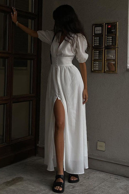 French Deep V Neck Puff Sleeve Button Up Crinkled Slit Vacation Midi Dress