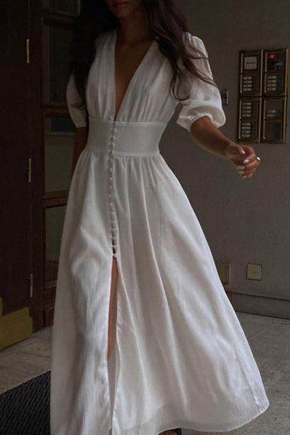 French Deep V Neck Puff Sleeve Button Up Crinkled Slit Vacation Midi Dress