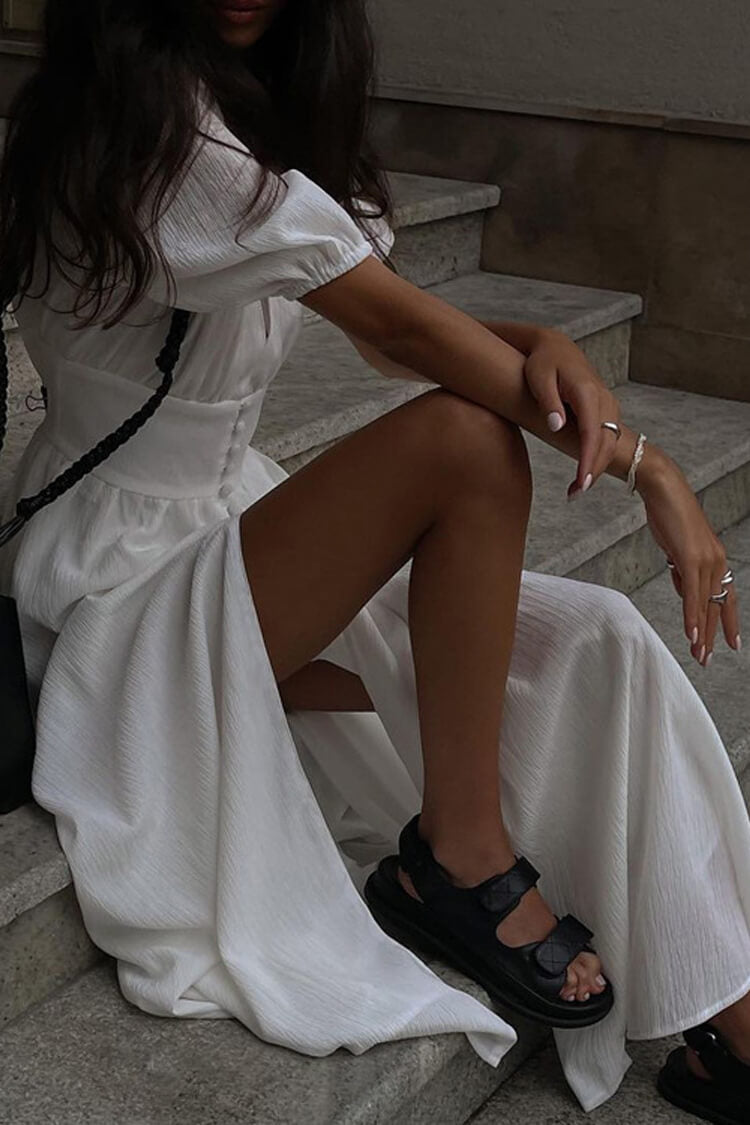 French Deep V Neck Puff Sleeve Button Up Crinkled Slit Vacation Midi Dress