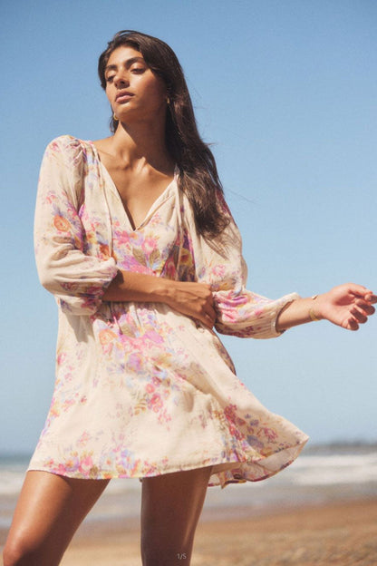 French Floral Print Tie Neck Balloon Sleeve Babydoll Beach Vacation Mini Dress