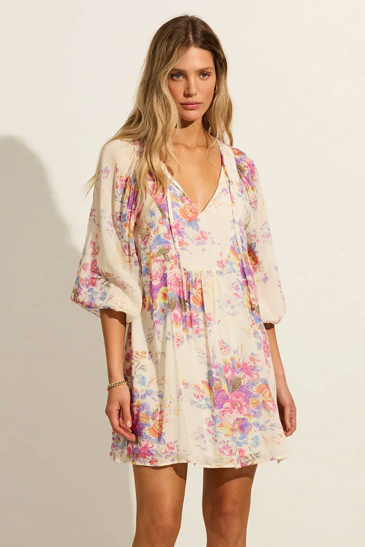 French Floral Print Tie Neck Balloon Sleeve Babydoll Beach Vacation Mini Dress