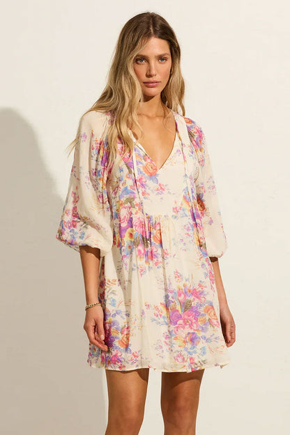 French Floral Print Tie Neck Balloon Sleeve Babydoll Beach Vacation Mini Dress