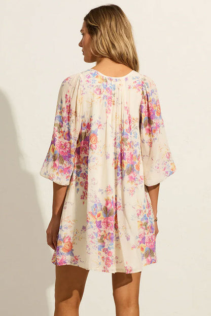 French Floral Print Tie Neck Balloon Sleeve Babydoll Beach Vacation Mini Dress