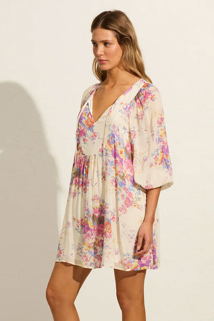 French Floral Print Tie Neck Balloon Sleeve Babydoll Beach Vacation Mini Dress