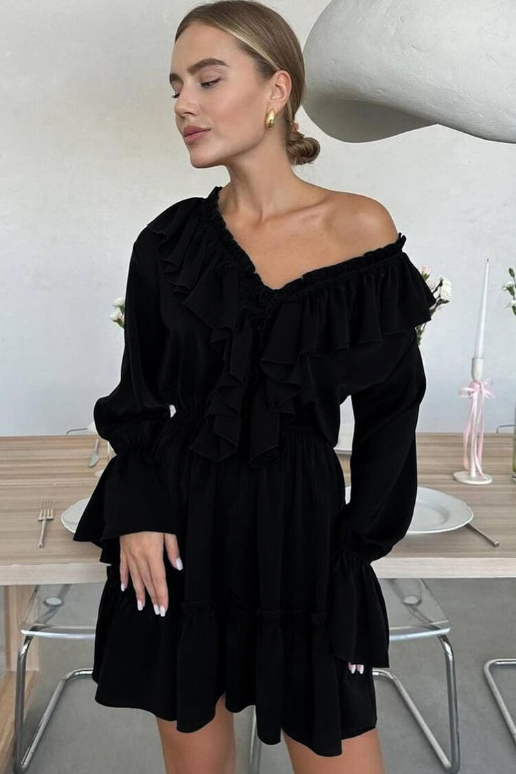 French Ruffle Plunge Tie Neck Blouson Sleeve Vacation Tiered Mini Dress