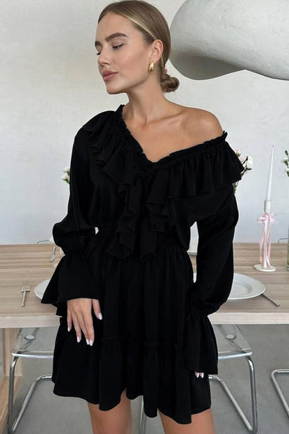 French Ruffle Plunge Tie Neck Blouson Sleeve Vacation Tiered Mini Dress