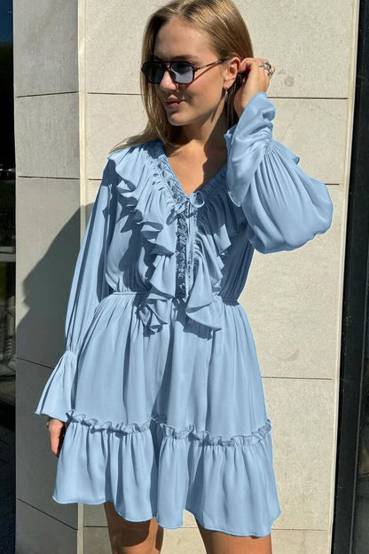 French Ruffle Plunge Tie Neck Blouson Sleeve Vacation Tiered Mini Dress
