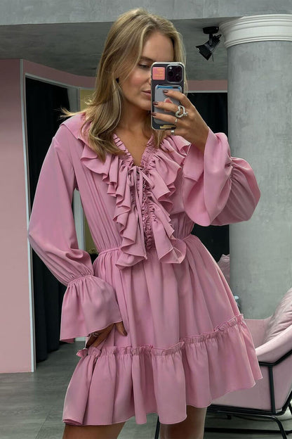 French Ruffle Plunge Tie Neck Blouson Sleeve Vacation Tiered Mini Dress