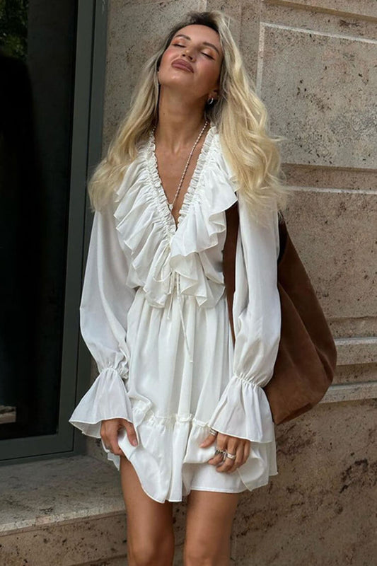 French Ruffle Plunge Tie Neck Blouson Sleeve Vacation Tiered Mini Dress