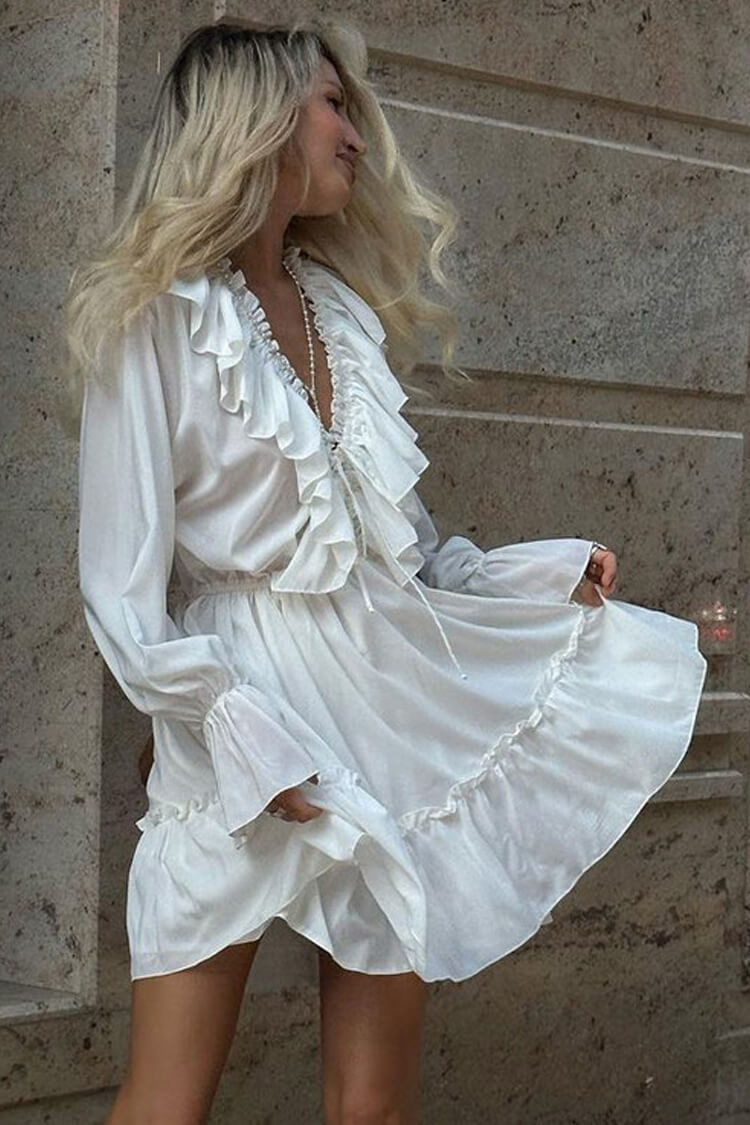 French Ruffle Plunge Tie Neck Blouson Sleeve Vacation Tiered Mini Dress