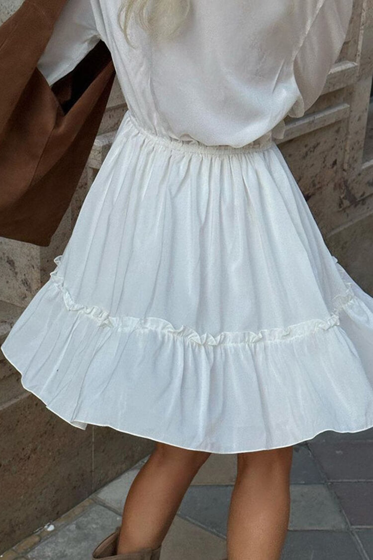French Ruffle Plunge Tie Neck Blouson Sleeve Vacation Tiered Mini Dress