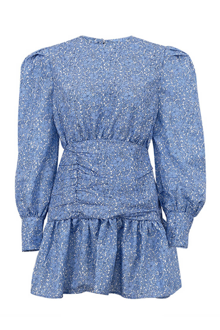 French Style Floral Print Crew Neck Balloon Sleeve Ruched Ruffle Mini Dress