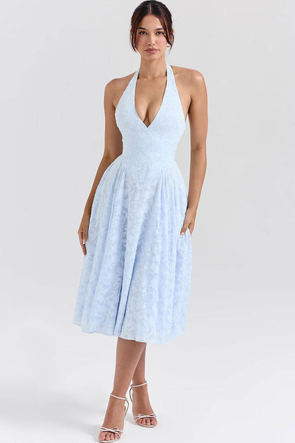 French Style Plunge Drop Waist Jacquard Floral Vacation Halter Midi Dress