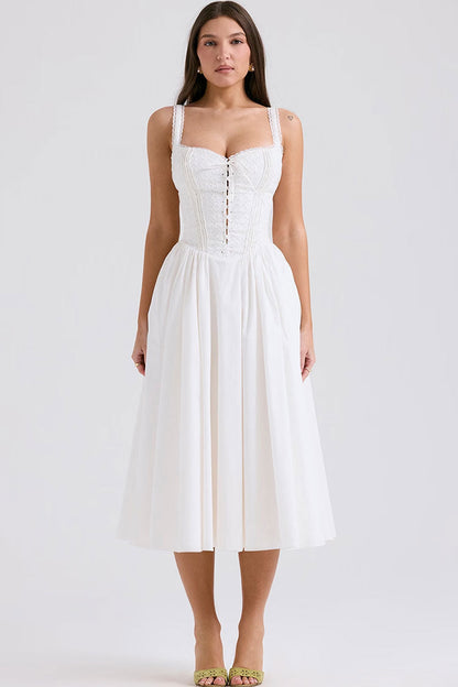French Style Scalloped Lace Up Broderie Anglaise Vacation Midi Sundress