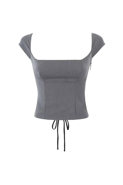 French Style Square Neck Cap Sleeve Lace Up Open Back Twilled Crop Top