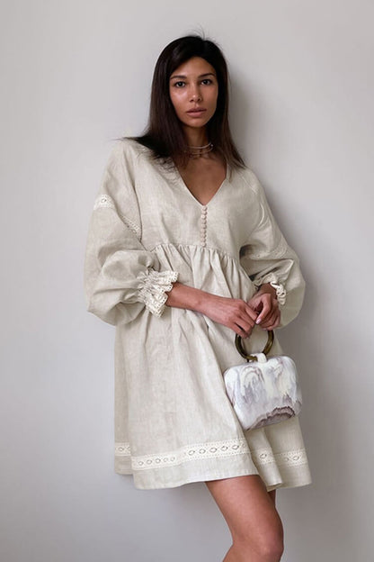 French V Neck Balloon Sleeve Empire Waist Linen Blend Babydoll Mini Dress