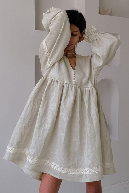 French V Neck Balloon Sleeve Empire Waist Linen Blend Babydoll Mini Dress