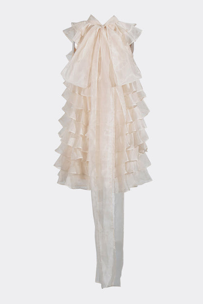 Girlish Bow Tie Neck Tiered Ruffle Sleeveless Chiffon Vacation Mini Dress