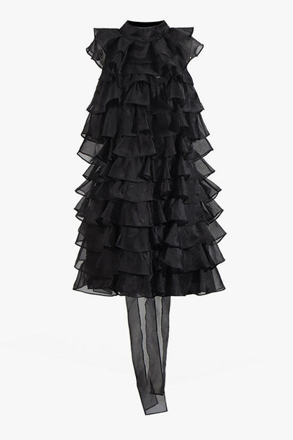 Girlish Bow Tie Neck Tiered Ruffle Sleeveless Chiffon Vacation Mini Dress