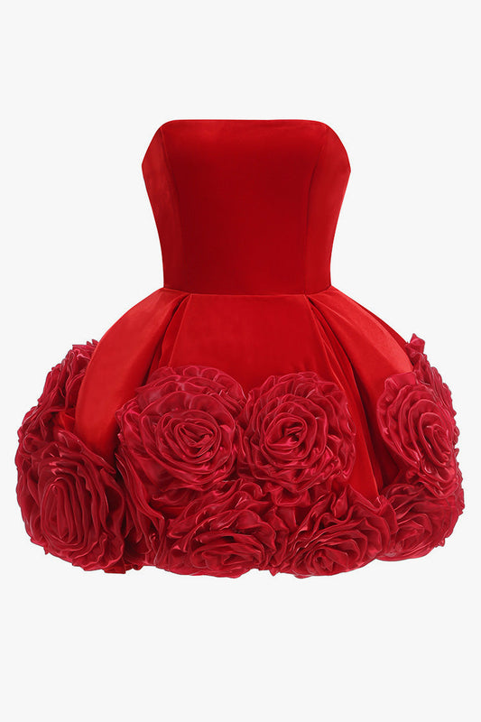 Glamorous Strapless Fit & Flare Rosette Balloon Velvet Party Mini Dress